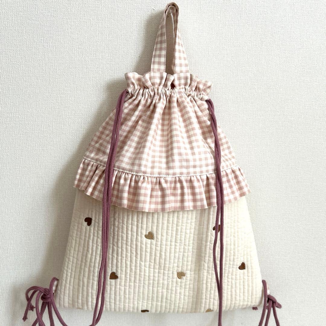 入園入学3点セット　【白地ベージュハートヌビ×くすみピンク】　3点セット　女の子