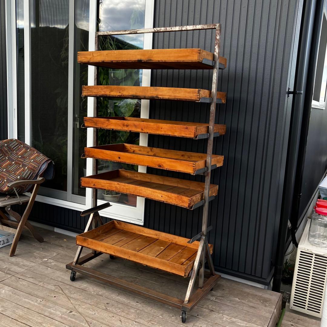 ヴィンテージ アイアンフレーム 木製バスケット トロリーワゴン インダストリアル