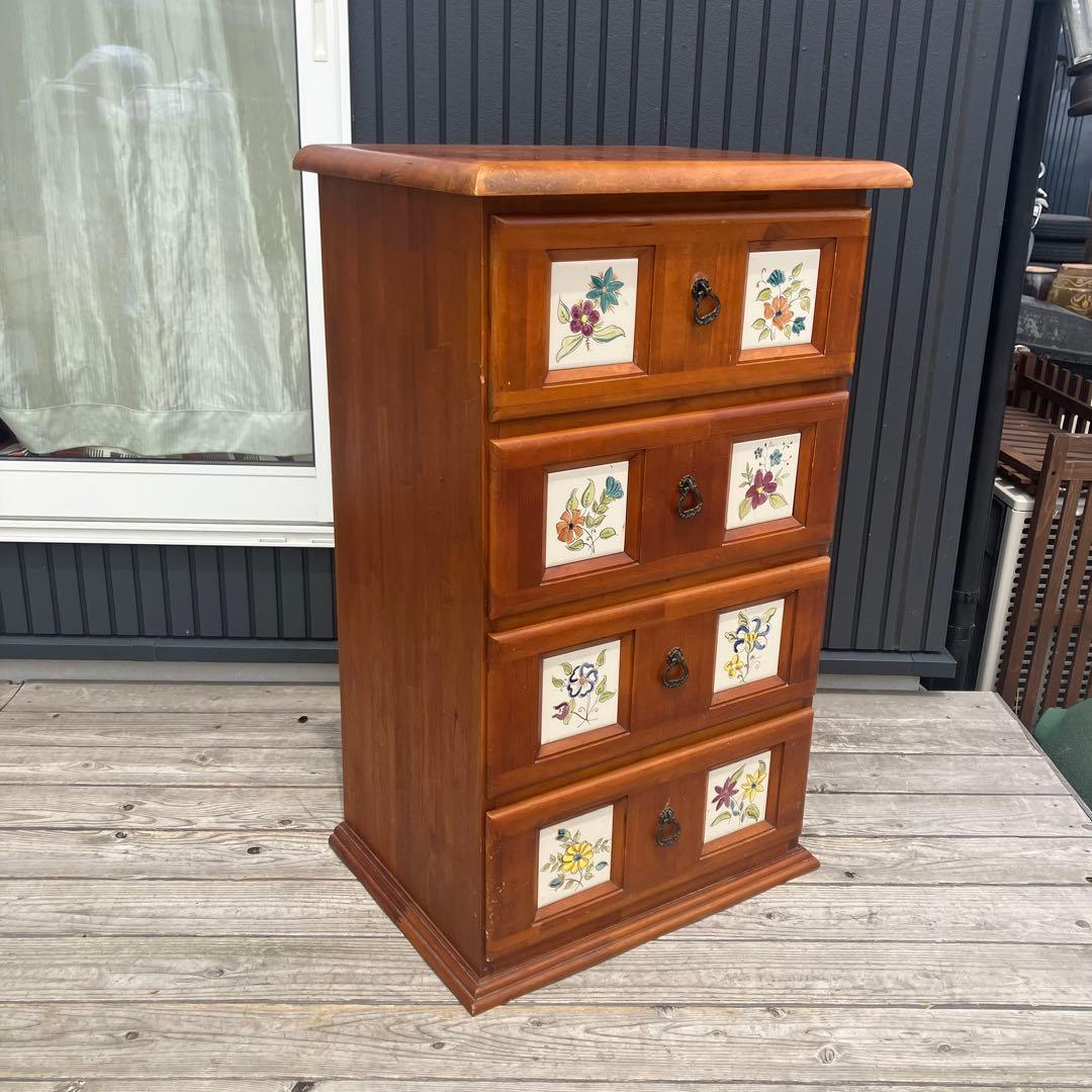 北欧レトロ 花柄タイル張り 木製チェスト 4段タンス カントリー 古家具