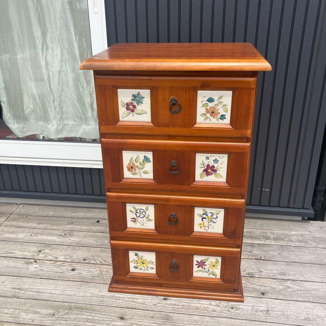 北欧レトロ 花柄タイル張り 木製チェスト 4段タンス カントリー 古家具