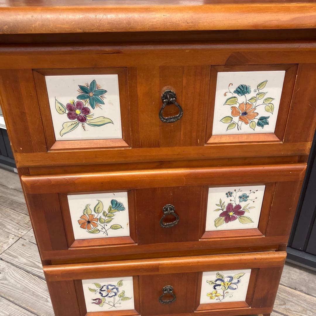 北欧レトロ 花柄タイル張り 木製チェスト 4段タンス カントリー 古家具