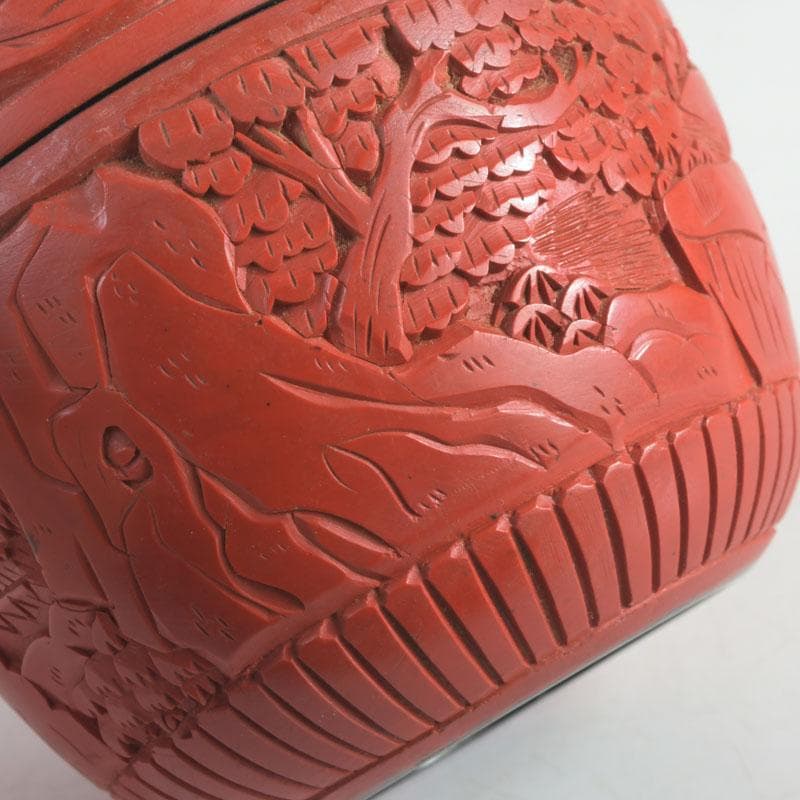 中国　剔紅　堆朱　花草山水刻　棗　時代箱　V　9767