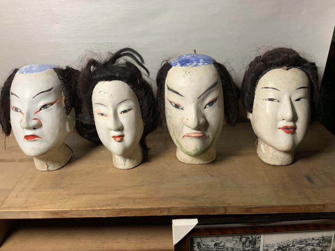 日本の伝統的木製人形の頭4点セット 文楽 幕末~明治 伝統工芸 骨董