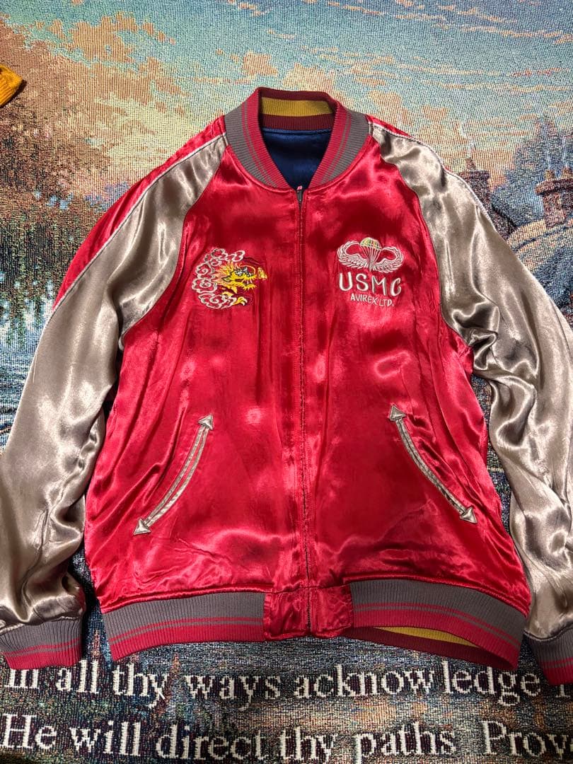 AVIREX スカジャン USMC 刺繍 ベロア調 ネイビー×レッド XLサイズ