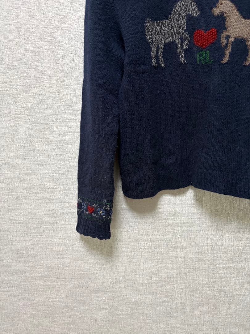 ラルフローレン カシミヤ混 ニット 肩ボタン 馬柄 ネイビー M クリーニング済
