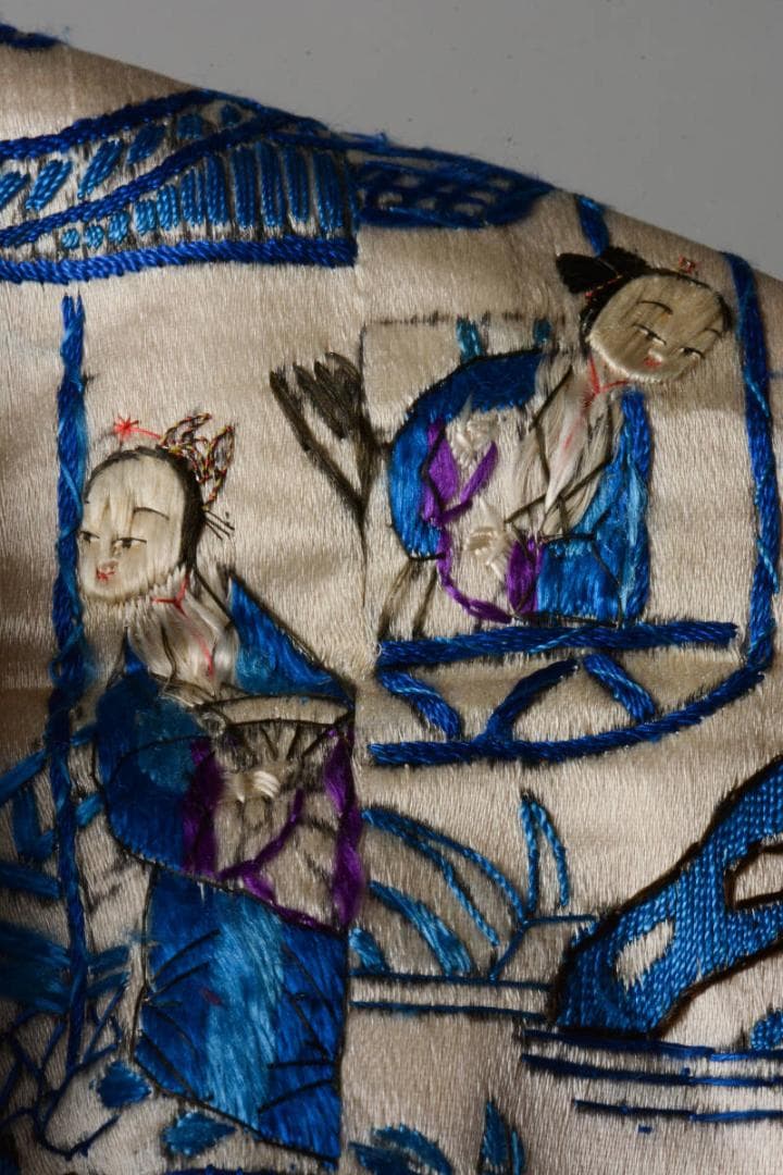 【珍】　★ 山水仕女図繍片 ★　民国時期　刺繍 山水紋 仕女紋　民間織繍