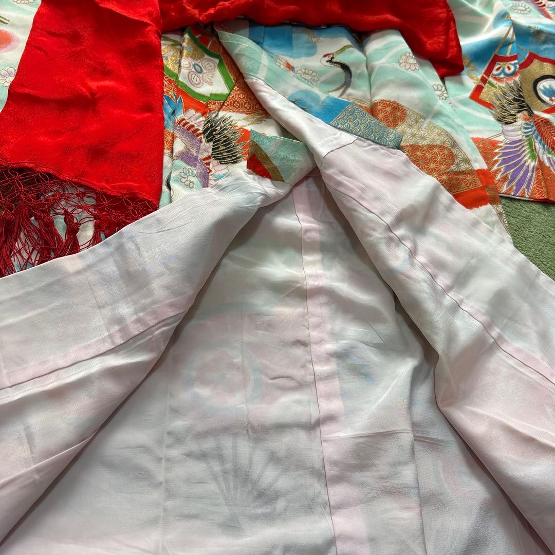 七五三 7歳 正絹 着物 作り帯 バッグ 草履 セット 絞り調 黒 赤