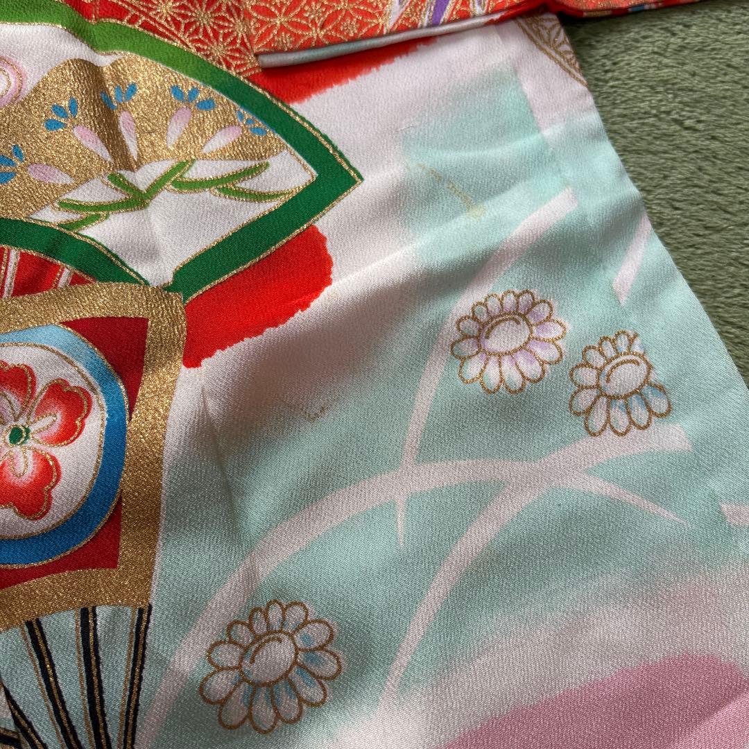 七五三 7歳 正絹 着物 作り帯 バッグ 草履 セット 絞り調 黒 赤