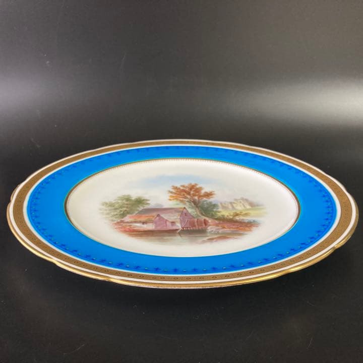 ミントン　ターコイズブルー　風景絵図飾皿　エナメル七宝金彩 金盛 プレート　大皿