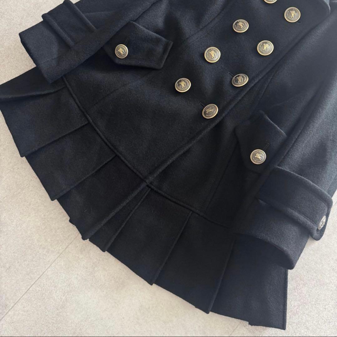 バーバリーブルーレーベル　ロングコート　金ボタン　黒　36 ノバチェック　ダブル