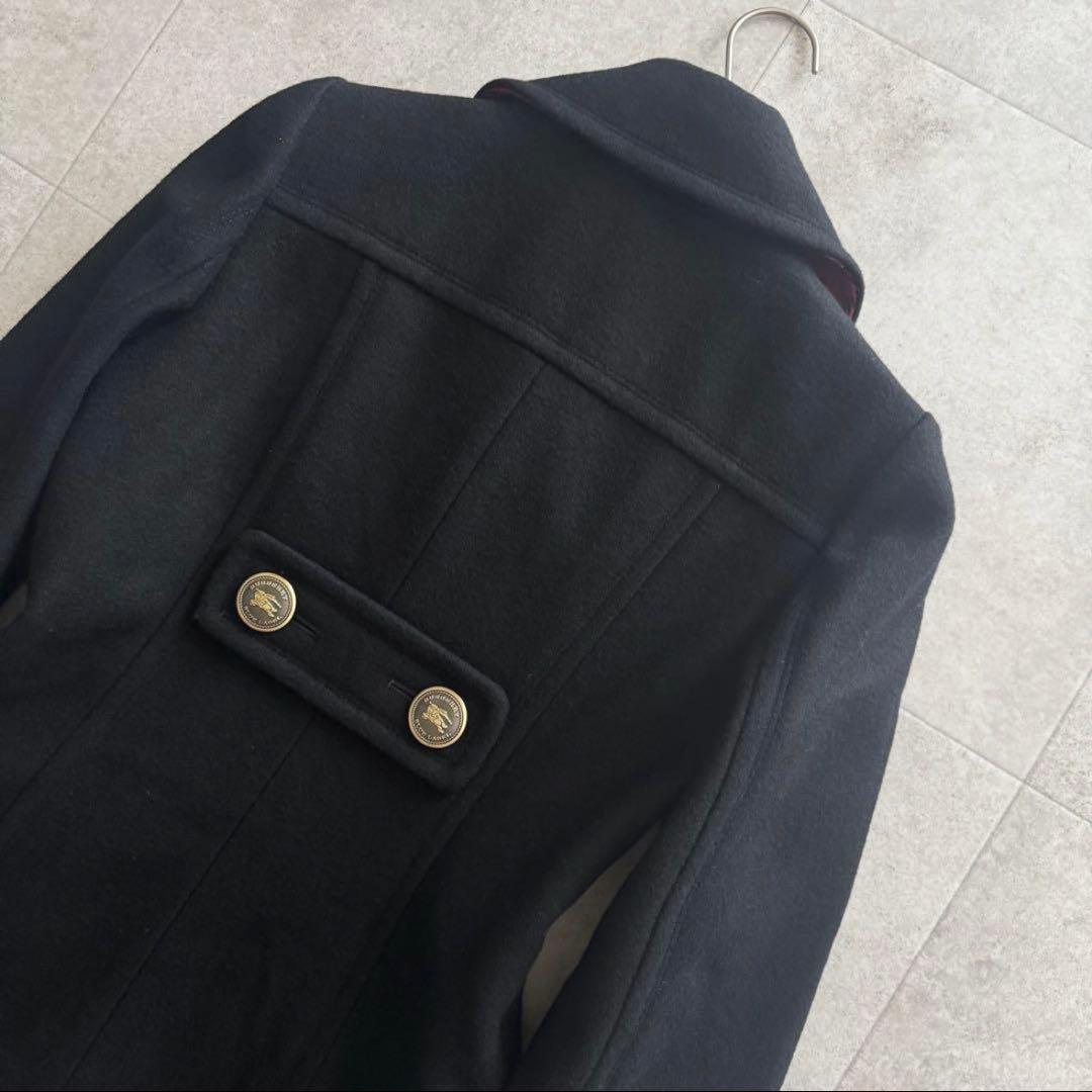 バーバリーブルーレーベル　ロングコート　金ボタン　黒　36 ノバチェック　ダブル