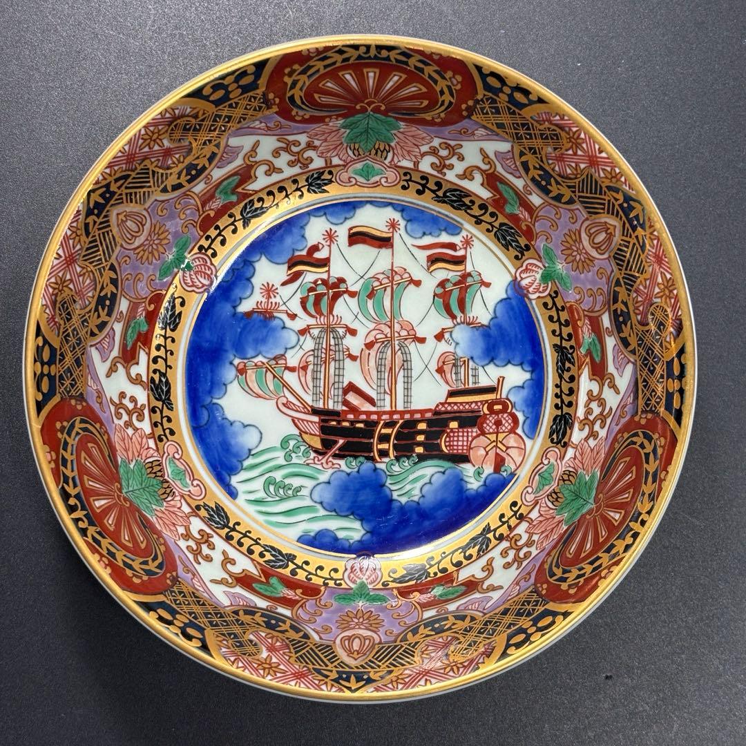 林九郎 作 有田焼 皿揃い 五枚 南蛮船 オランダ船