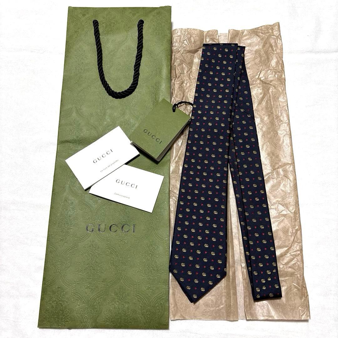 新品　グッチ　ネクタイ　現行　ネイビー　GG柄　タグ付　袋付