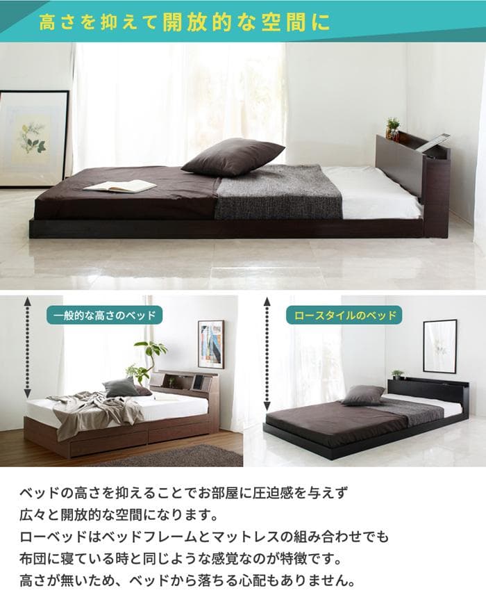 【ホワイト　セミダブル　マットレス付】便利な宮付きフロアベッド　ローベッド