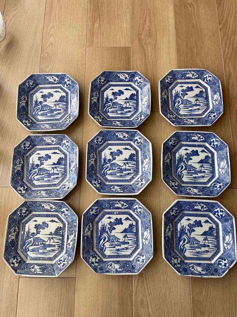 印判　八角形皿 風景画 9枚セット