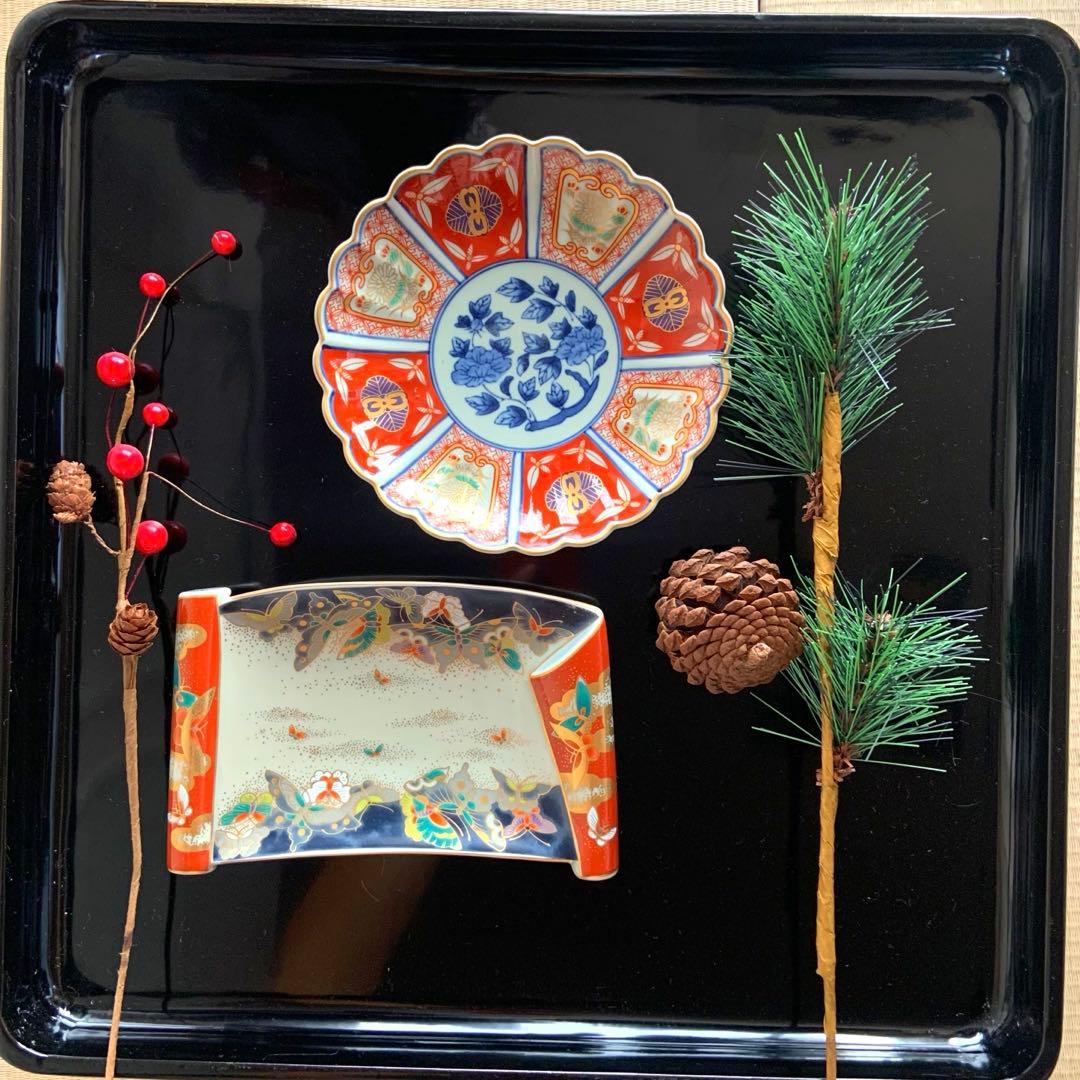 【貴重】《波佐見焼》林九郎　古伊万里風　染錦　金彩蝶　銘々皿　巻物型　在庫2枚