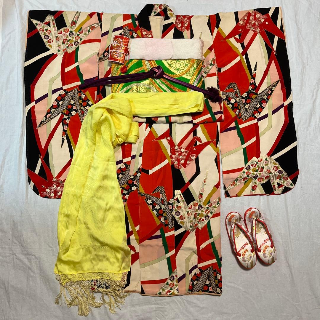 七五三　7歳　着物　アンティーク　鶴　カラフル　正絹　セット