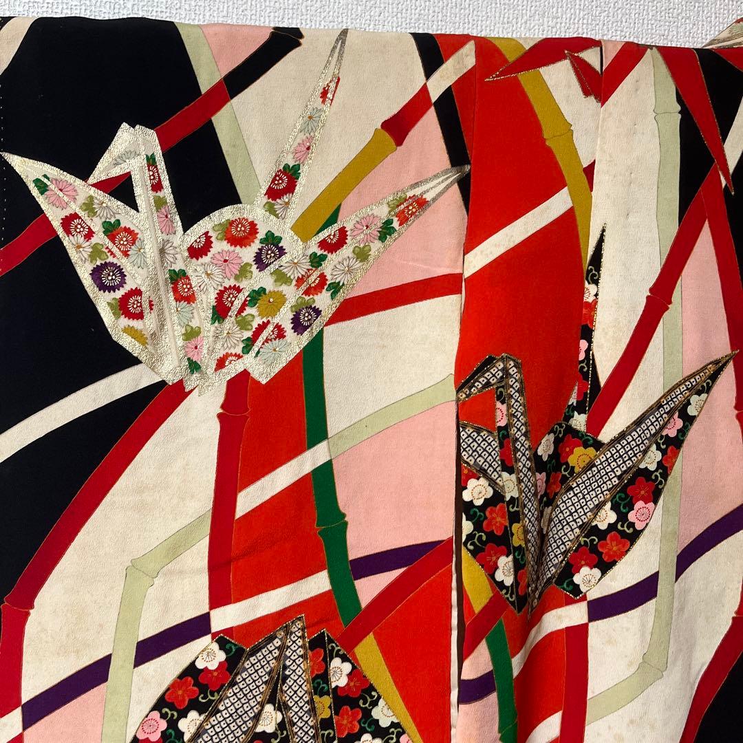 七五三　7歳　着物　アンティーク　鶴　カラフル　正絹　セット