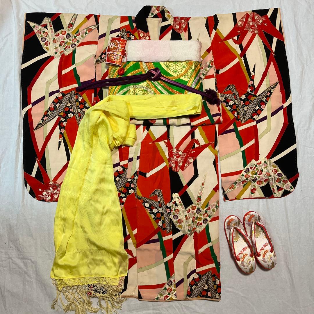 七五三　7歳　着物　アンティーク　鶴　カラフル　正絹　セット