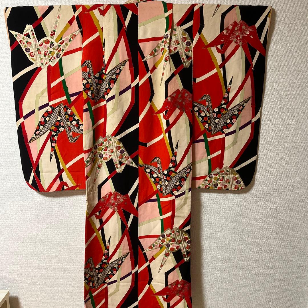 七五三　7歳　着物　アンティーク　鶴　カラフル　正絹　セット