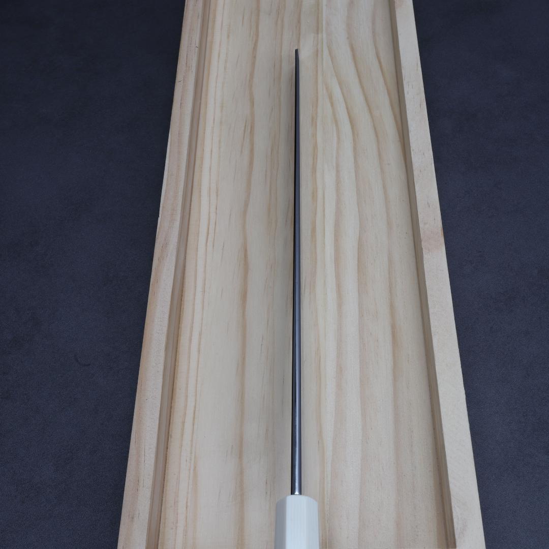 7301先丸柳刃包丁 尺一 ウルトラ鏡面仕上げ 刺身包丁 人工象牙黒三本巻八角柄