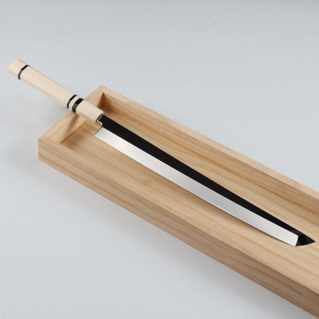 7301先丸柳刃包丁 尺一 ウルトラ鏡面仕上げ 刺身包丁 人工象牙黒三本巻八角柄