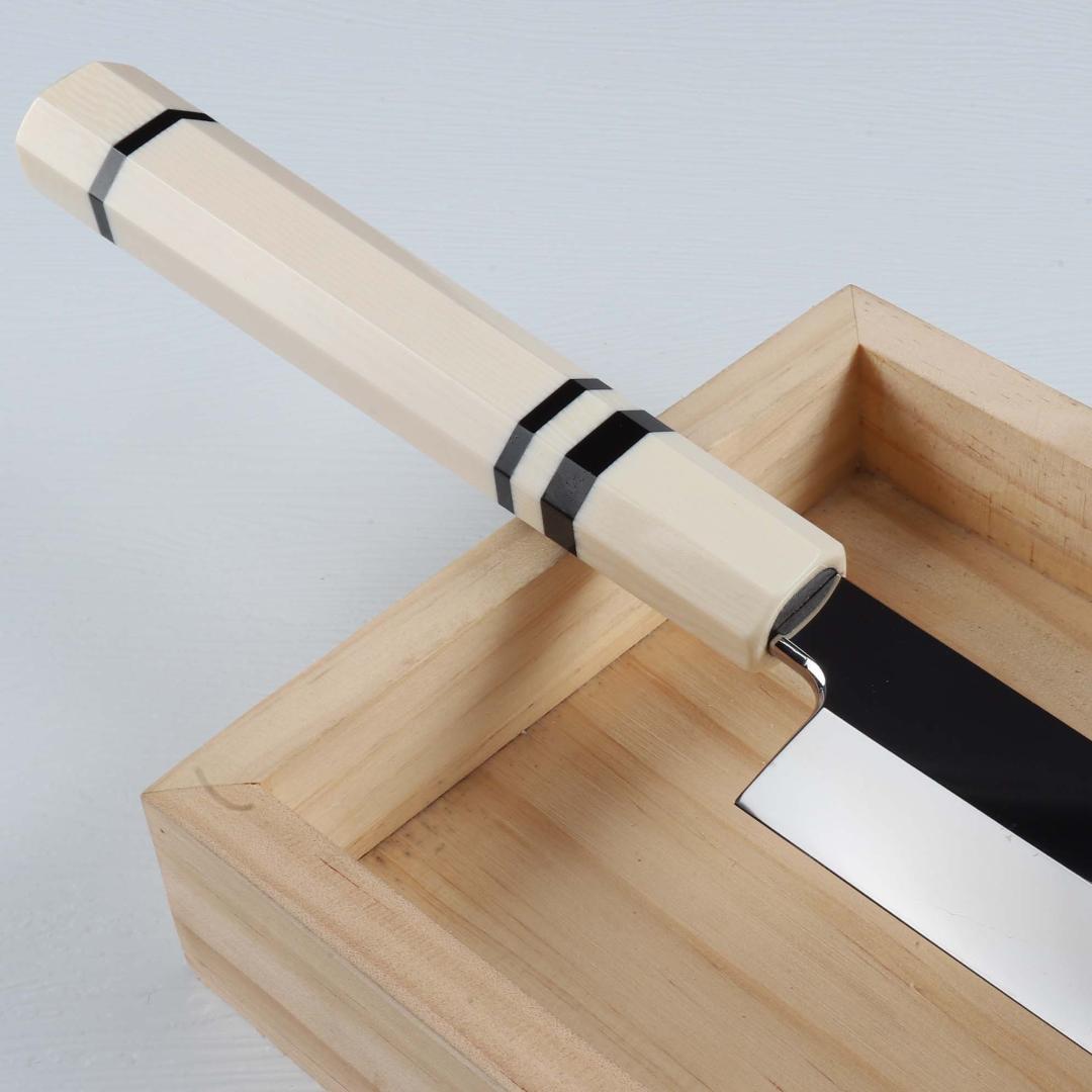 7301先丸柳刃包丁 尺一 ウルトラ鏡面仕上げ 刺身包丁 人工象牙黒三本巻八角柄