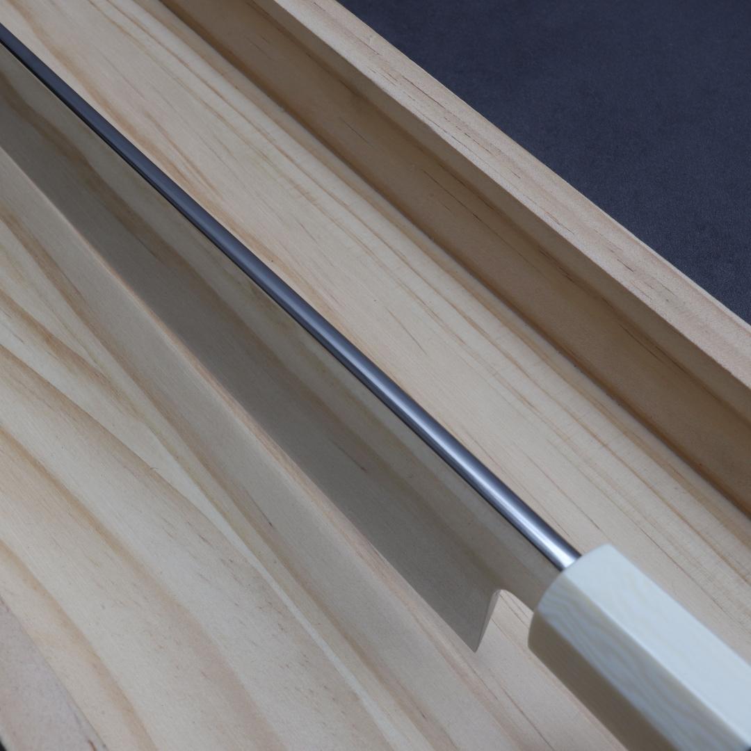 7301先丸柳刃包丁 尺一 ウルトラ鏡面仕上げ 刺身包丁 人工象牙黒三本巻八角柄