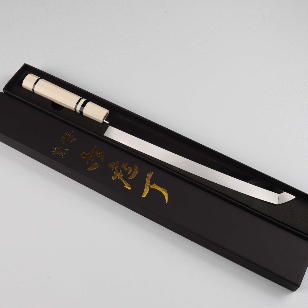 7301先丸柳刃包丁 尺一 ウルトラ鏡面仕上げ 刺身包丁 人工象牙黒三本巻八角柄