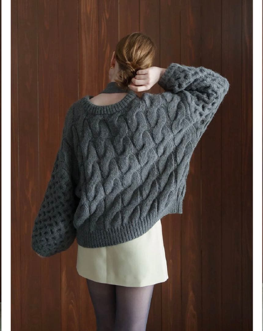acka. neck details cable knit ニット グレー