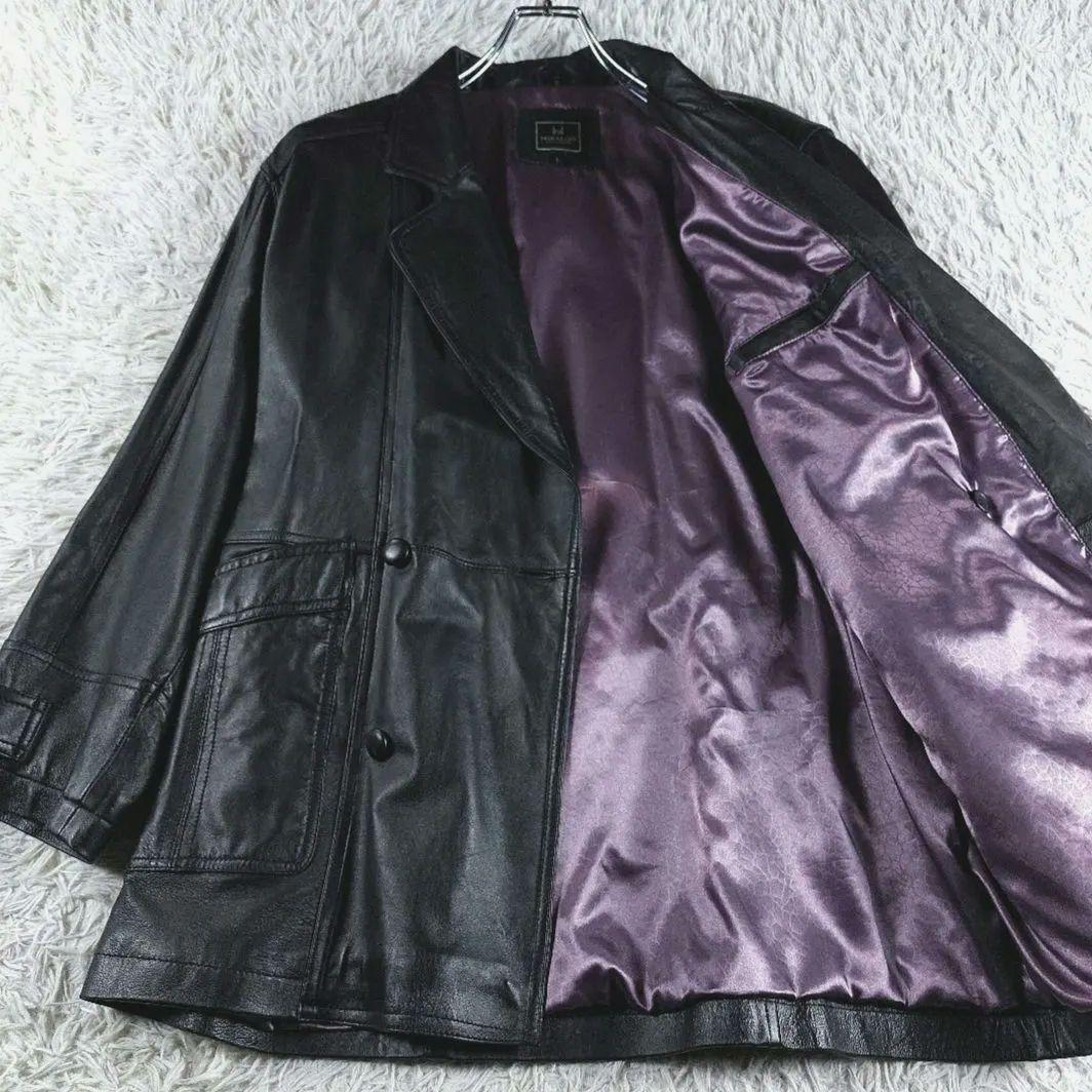 L 裏地派手色 ラムレザー ダブルブレストジャケット ミドル丈コート 黒パープル