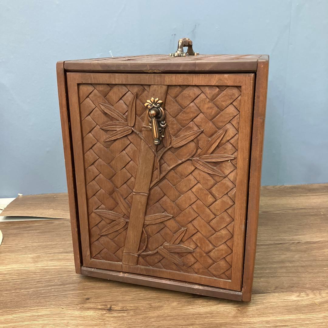 E-3 希少 彫刻 竹林デザイン 木製 4段 収納ボックス 小引き出し 収納