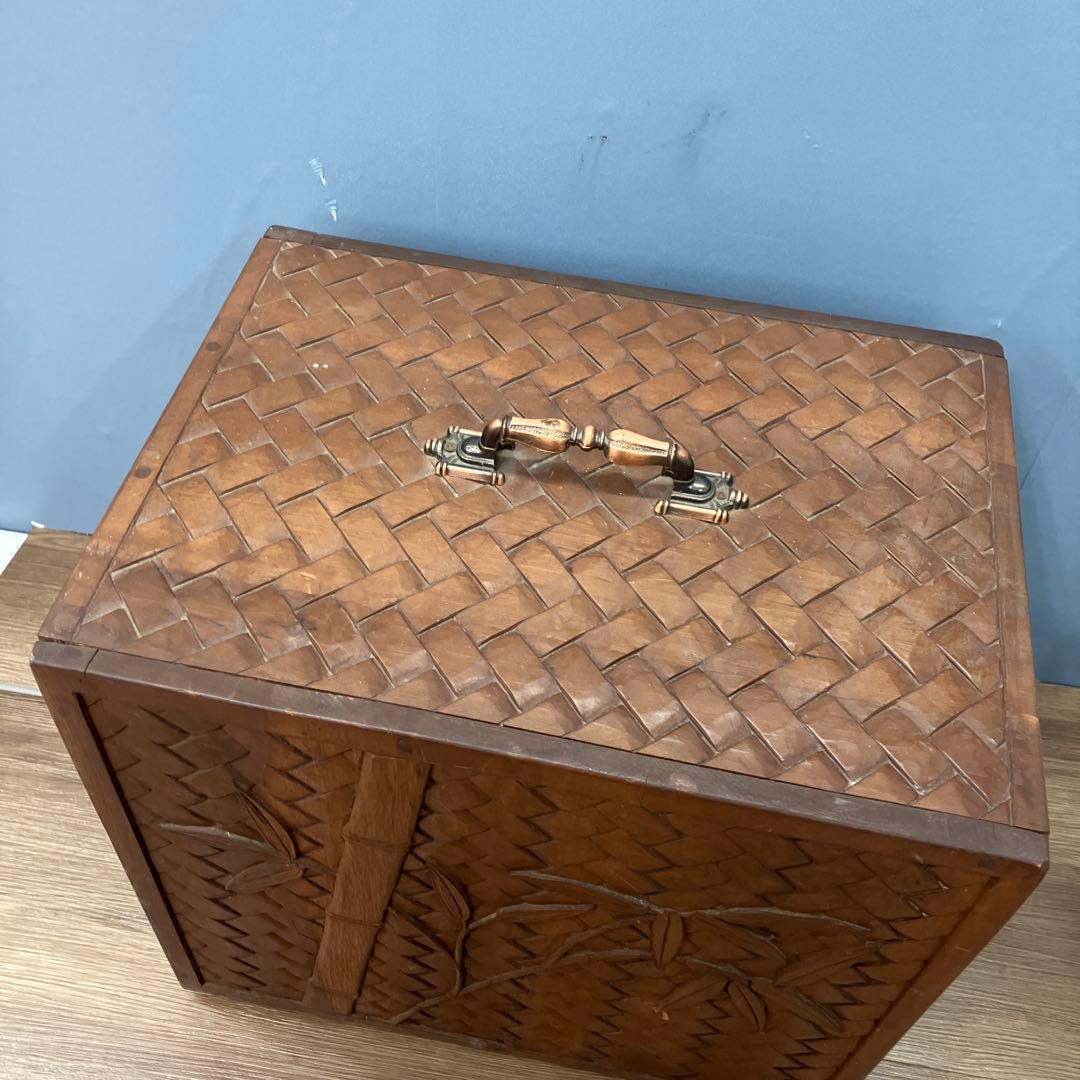 E-3 希少 彫刻 竹林デザイン 木製 4段 収納ボックス 小引き出し 収納