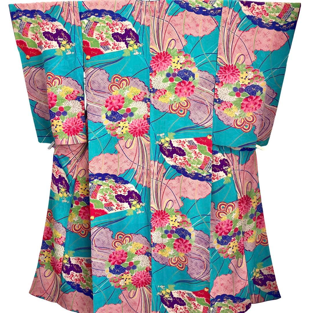 ターコイズ 昭和レトロ 大正ロマン アンティーク着物 大人 ジュニア 袴 着物