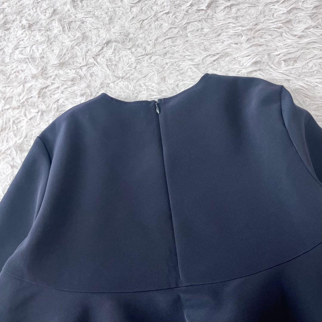 yori フリル ペプラム トップス 長袖 プルオーバー ストレッチ ネイビー