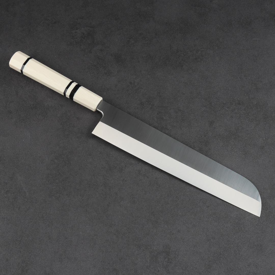 7017 鎌型薄刃包丁 8寸 刃渡り240mm 刺身包丁 人工象牙黒三本巻八角柄