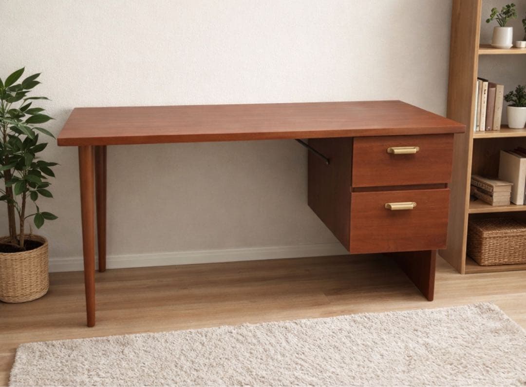 木製 デスク 120cm チーク風 引き出し ミッドセンチュリー 北欧 在宅