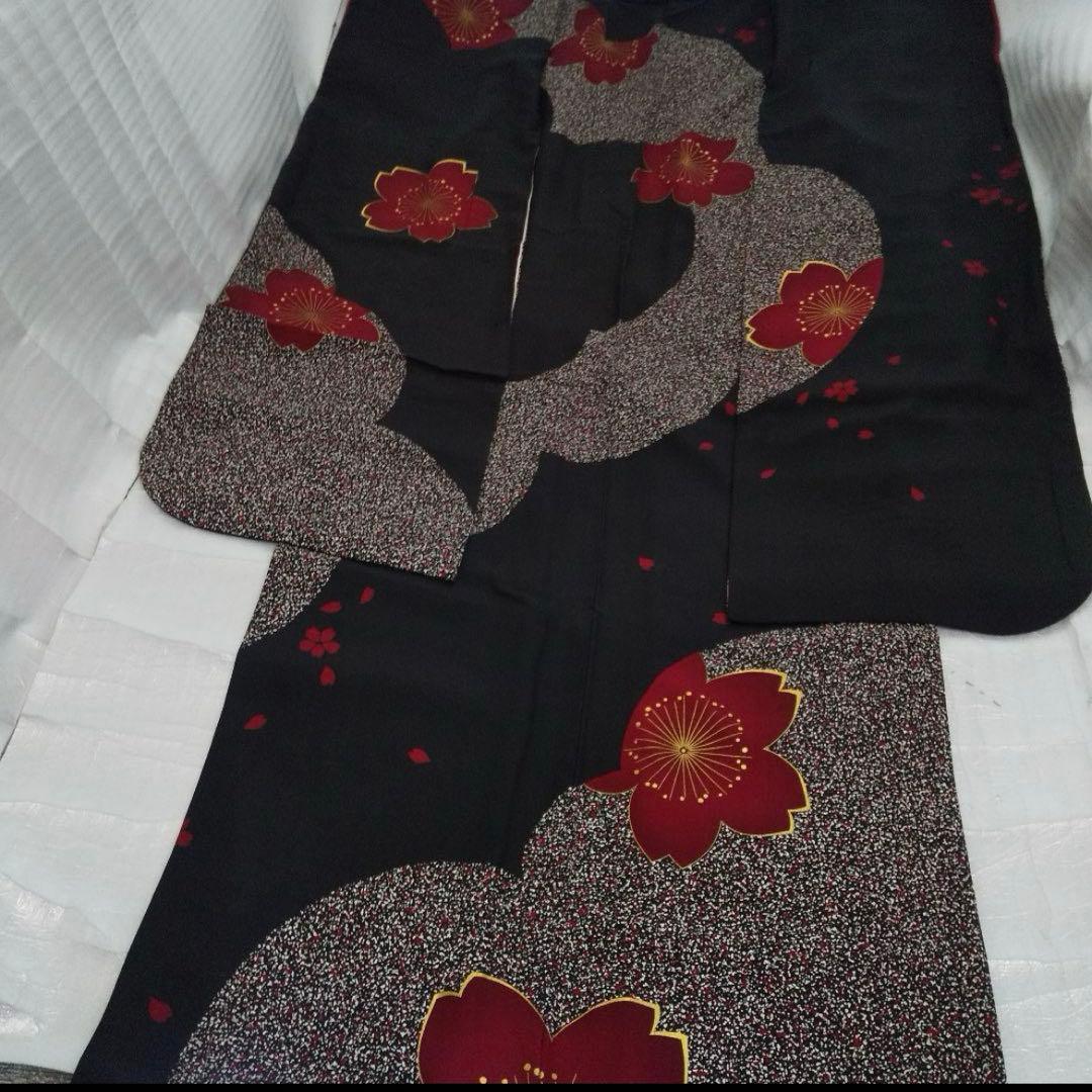 黒赤桜正絹振袖フルセット等 袋帯 帯締め 帯揚げ 半襟 重ね襟 成人式卒業式等