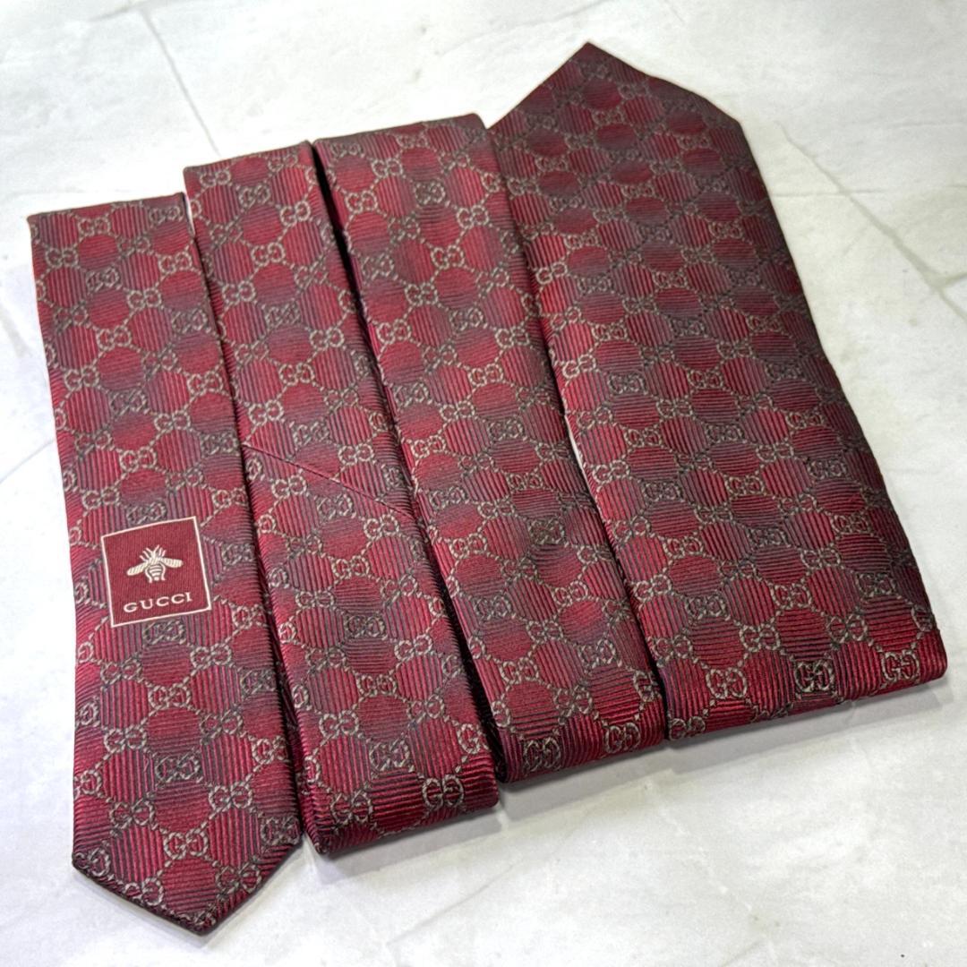 ☆即発 GUCCI GG柄 ネクタイ ボルドー 蜂 Bee シルク 伊製 美品