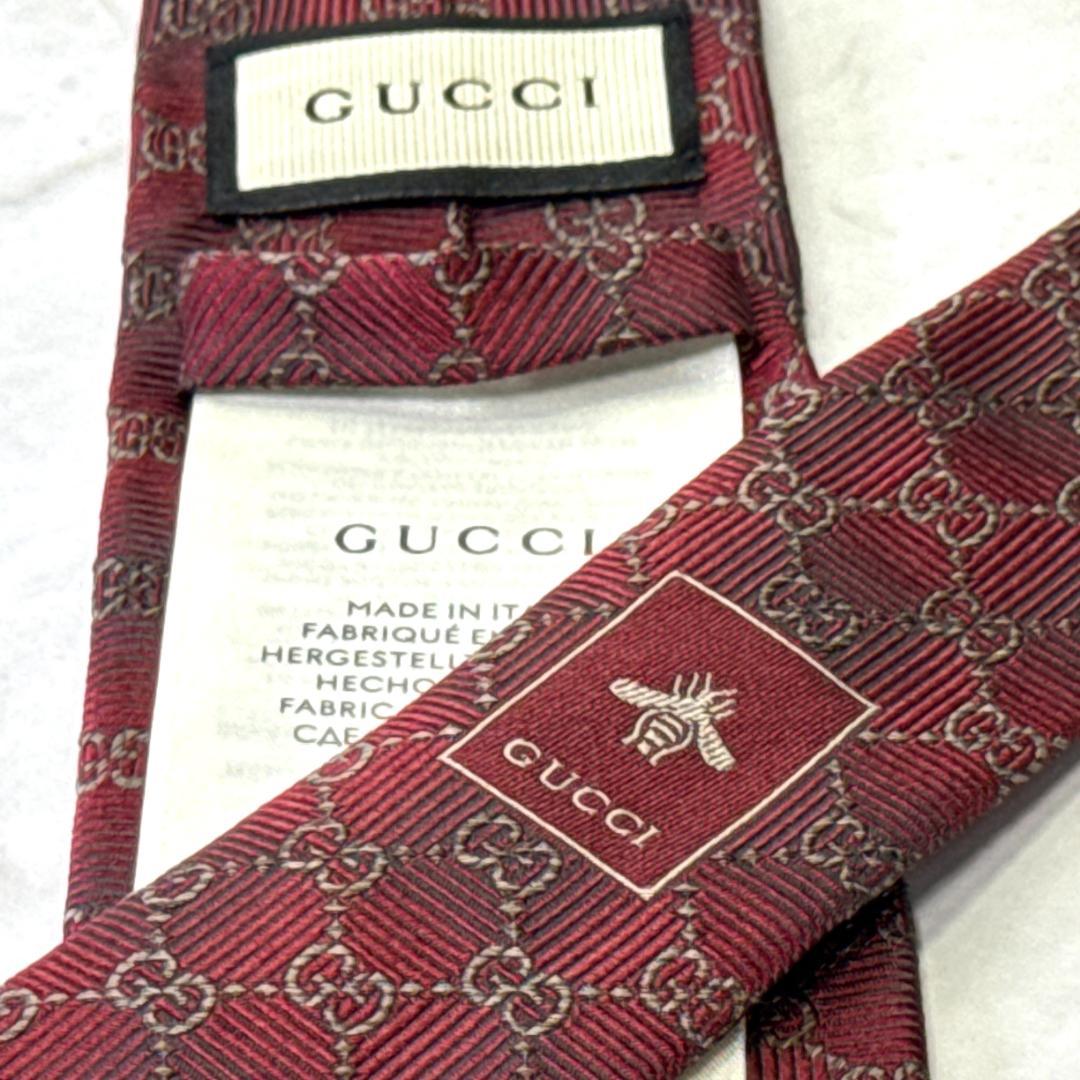 ☆即発 GUCCI GG柄 ネクタイ ボルドー 蜂 Bee シルク 伊製 美品