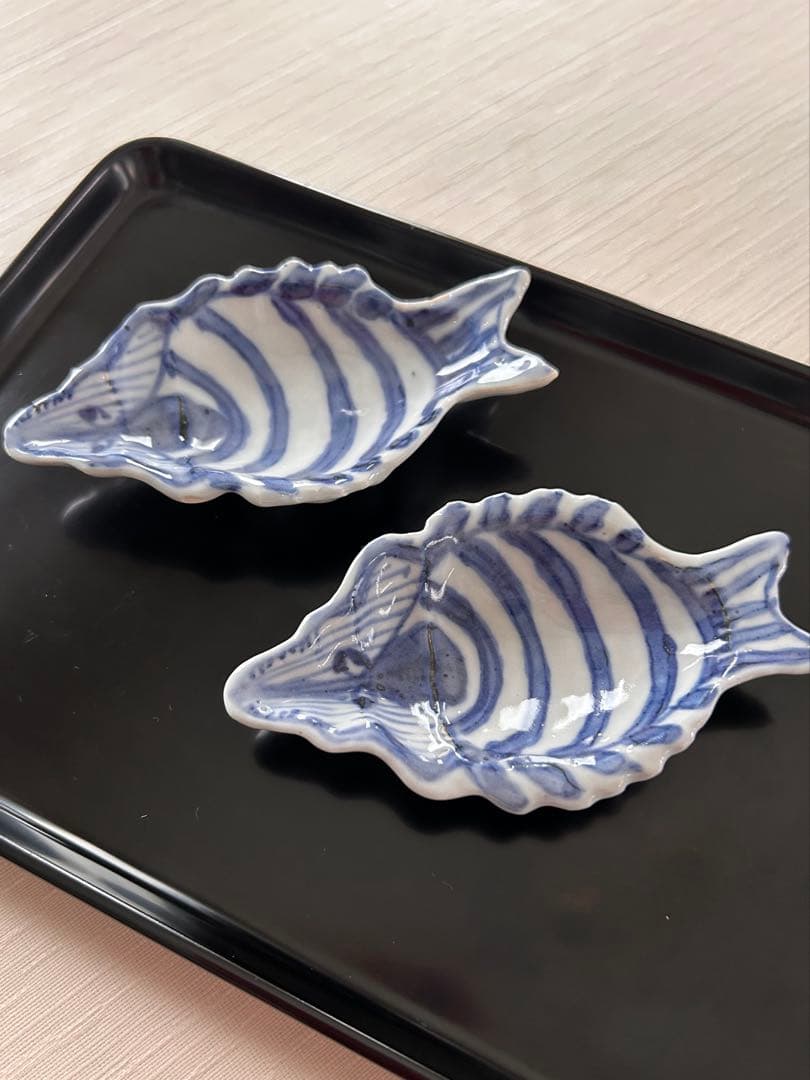 正木春蔵　九谷焼：染付海老形向付 小皿 2点