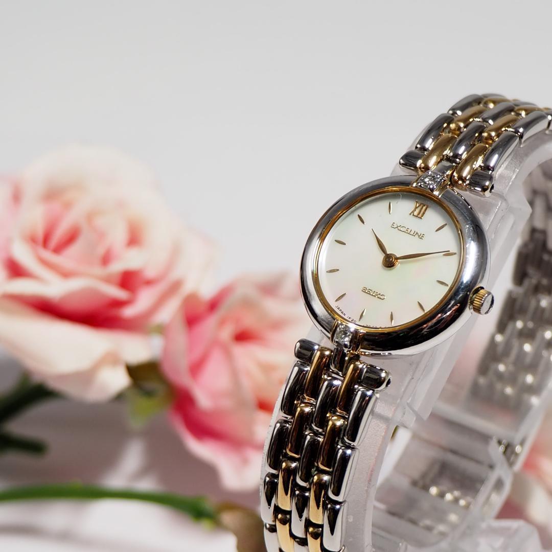 美品 セイコー SEIKO エクセリーヌ 2Pダイヤ シェル 腕時計 F649