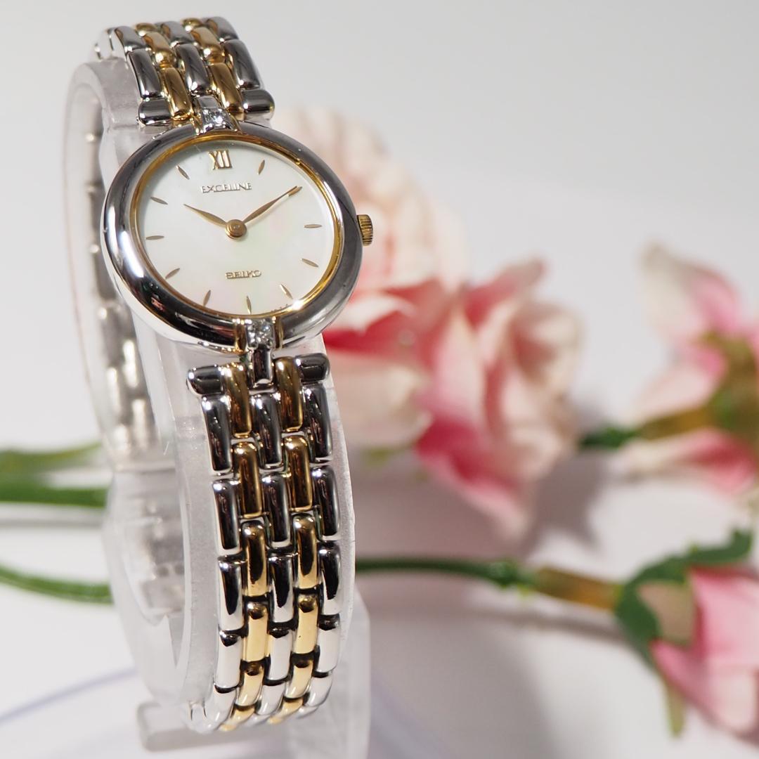 美品 セイコー SEIKO エクセリーヌ 2Pダイヤ シェル 腕時計 F649