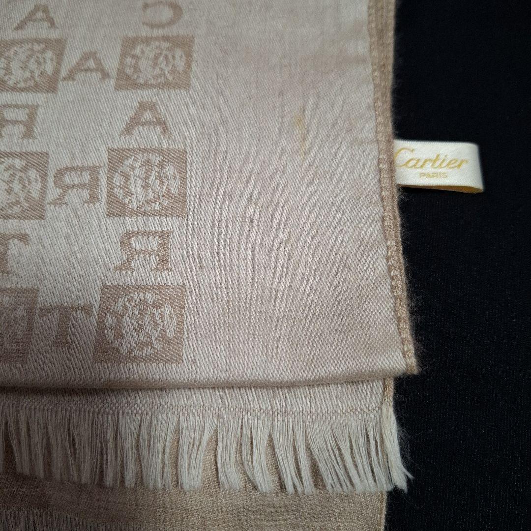 カルティエ　カシミアストール　ロゴプリント ベージュ　フリンジ付きマフラー