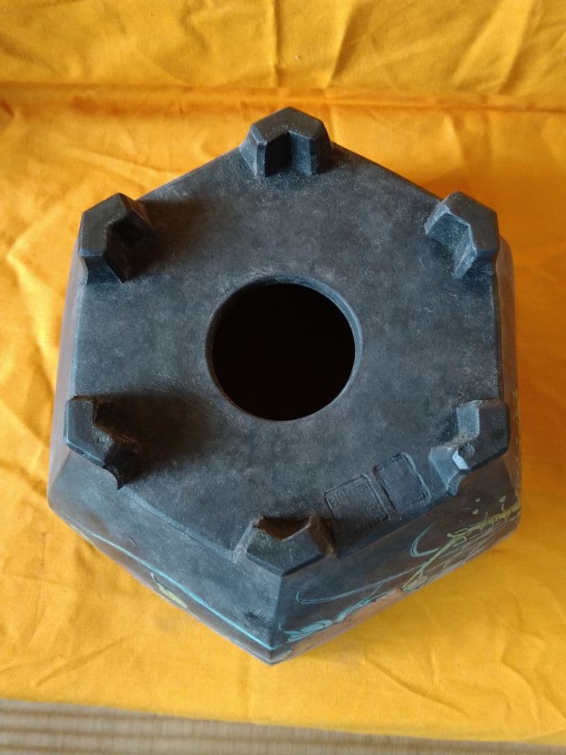 盆栽鉢　黒泥六角絵鉢　落款有り