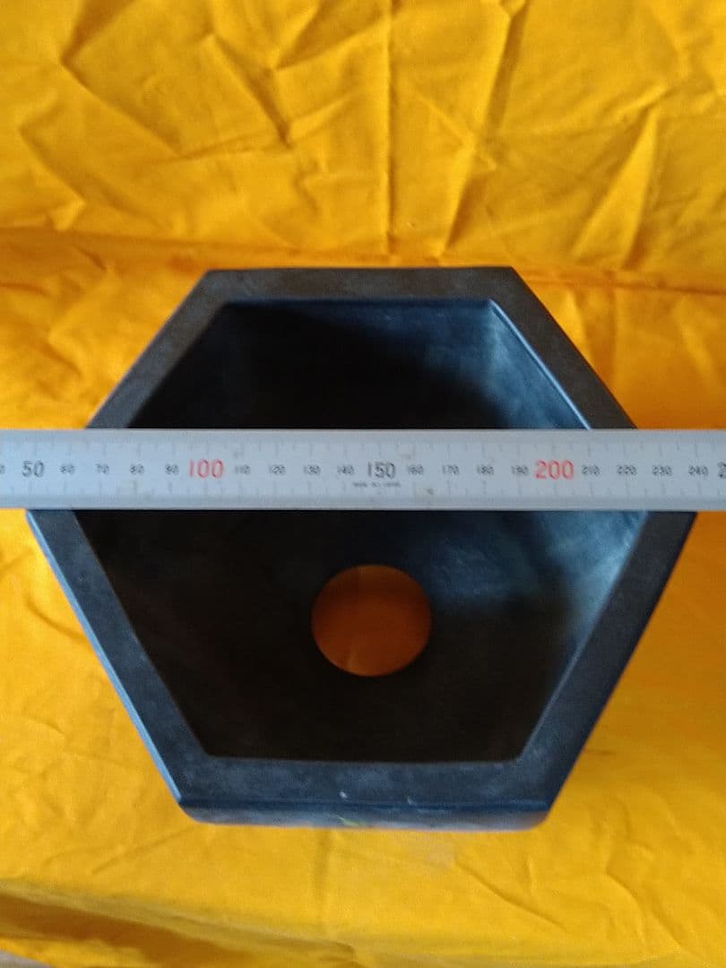 盆栽鉢　黒泥六角絵鉢　落款有り