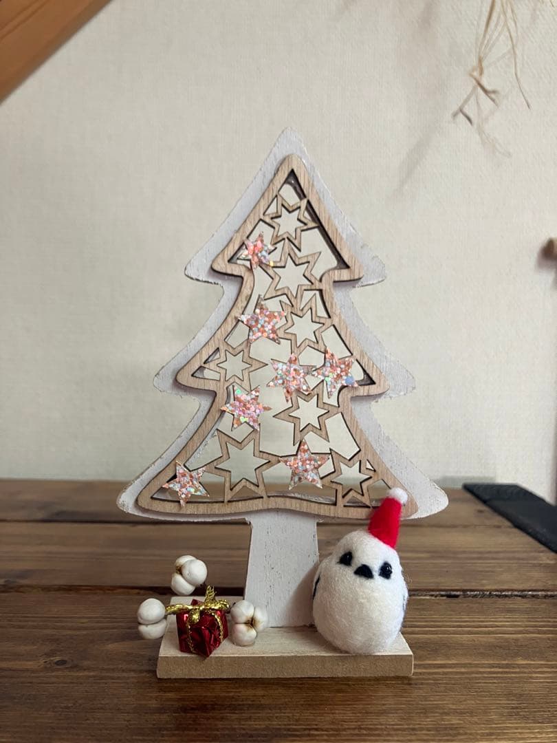 羊毛フェルト　シマエナガツリー