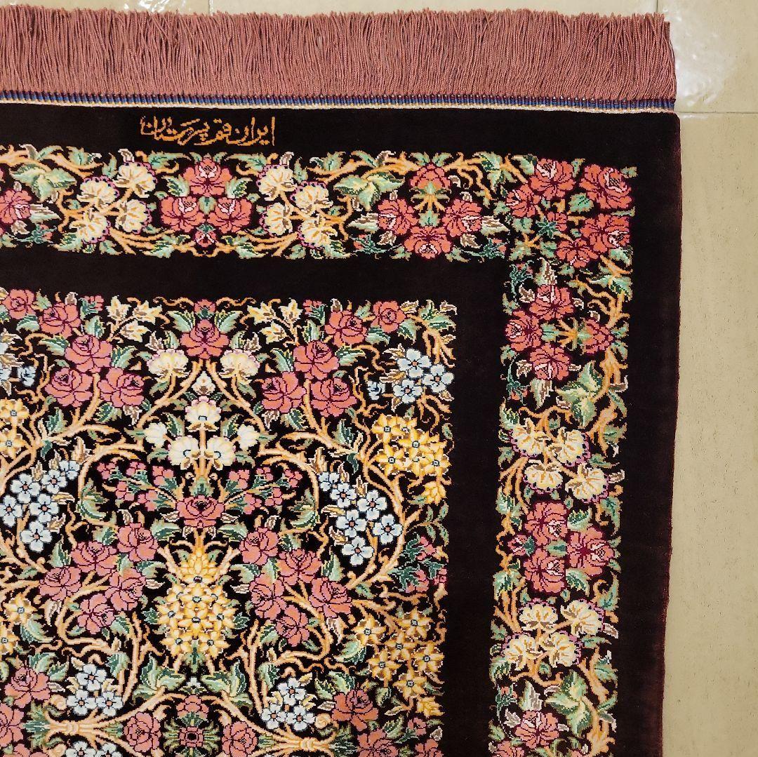 89x62cmペルシャ・クム産(613)玄関・タペストリー・絹・シルクじゅうたん