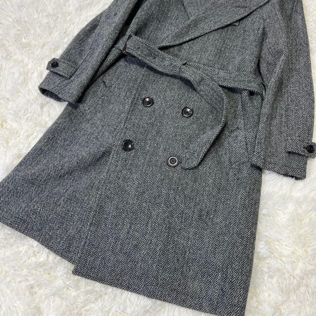 スーツセレクト×ハリスツイード ヘリンボーン 銀 ウールダブルトレンチコート