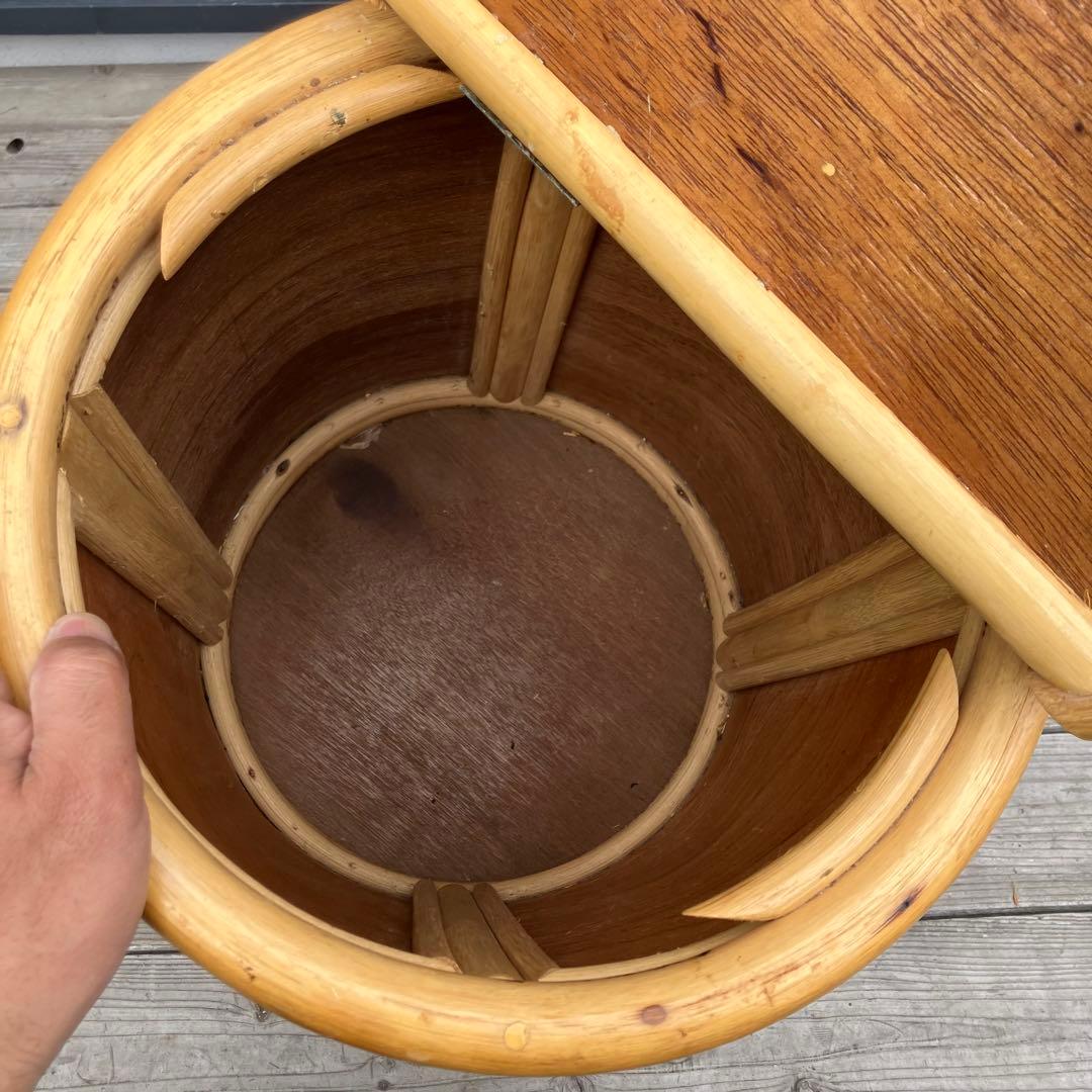 昭和レトロ ラタン 円筒形フタ付きごみ箱 円形スツール ラタンスツール 丸椅子